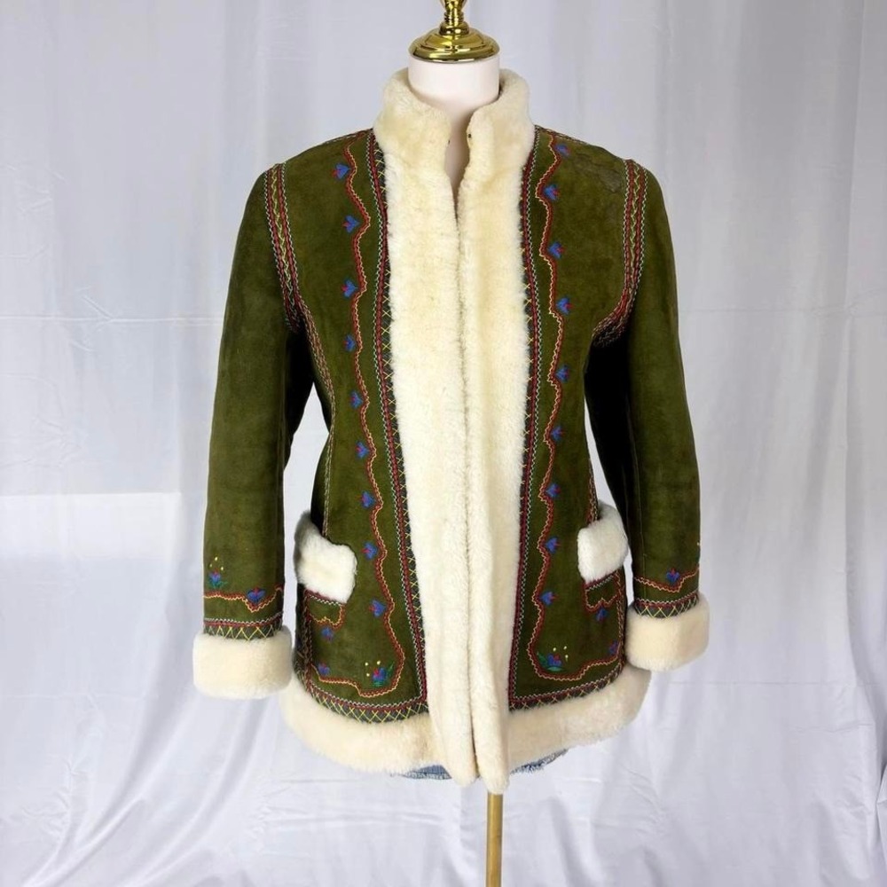Vintage 60s / 70s Sheepskin Shearling Embroidered Green Coat Furs by Max